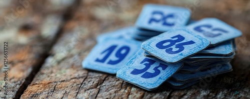 Pile of blue vintage game tokens on rustic wooden surface photo