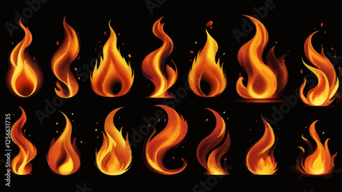 Fiery Dance of Flames: Captivating set of vibrant, flickering flames dance against a dark, smoky backdrop, illuminating a sense of warmth and intensity.