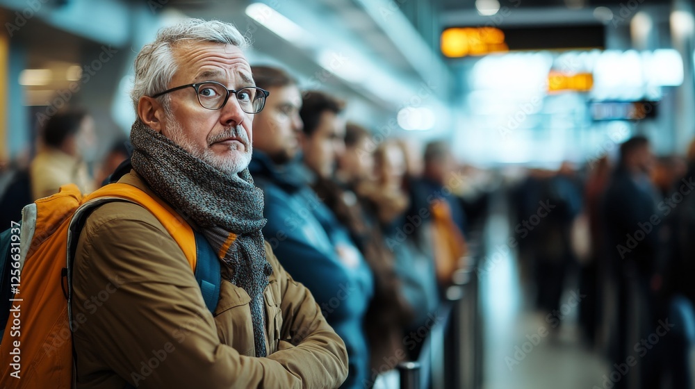 Frustrated traveler experiencing long security lines. Featuring an airport security checkpoint Frustrated traveler experiencing long security lines. Featuring an airport security checkpoint