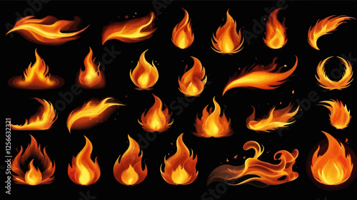 Fiery Elements: A collection of meticulously illustrated fire elements, radiating dynamic energy and intensity. Featuring diverse flame shapes, ideal for designs calling for warmth and power.