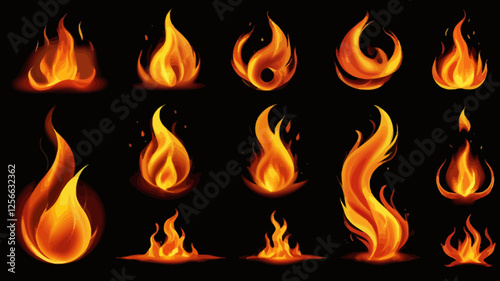 Flame Collection: An artistic portrayal of fire elements, showcasing various forms and movements of flames against a dark backdrop. Capturing the dynamic essence of heat and energy.