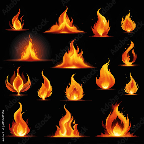 Fiery Display: A collection of stylized flames in a variety of shapes and sizes, showcasing the power and energy of fire against a dark backdrop, offering dynamic visual interest.
