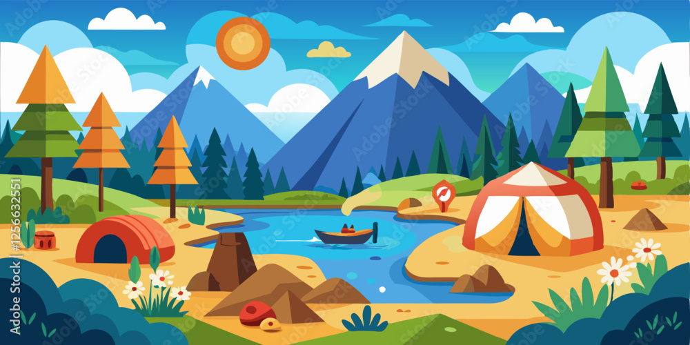 Obraz premium camping vector lanscape with mountains