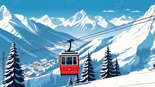 A vibrant red cable car ascends through a picturesque alpine landscape, offering stunning views of snow-capped mountains and a charming village.