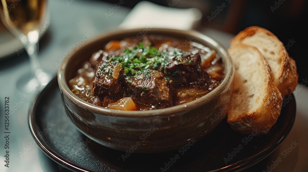 beef stew in a porcelain bowl with crusty bread on the side beef stew in a porcelain bowl with crusty bread on the side