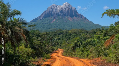Scenic Dirt Road Leading Towards Majestic Mountain Peaks in a Lush Green Landscape under Clear Blue Skies Near Baltra in the Galapagos Islands