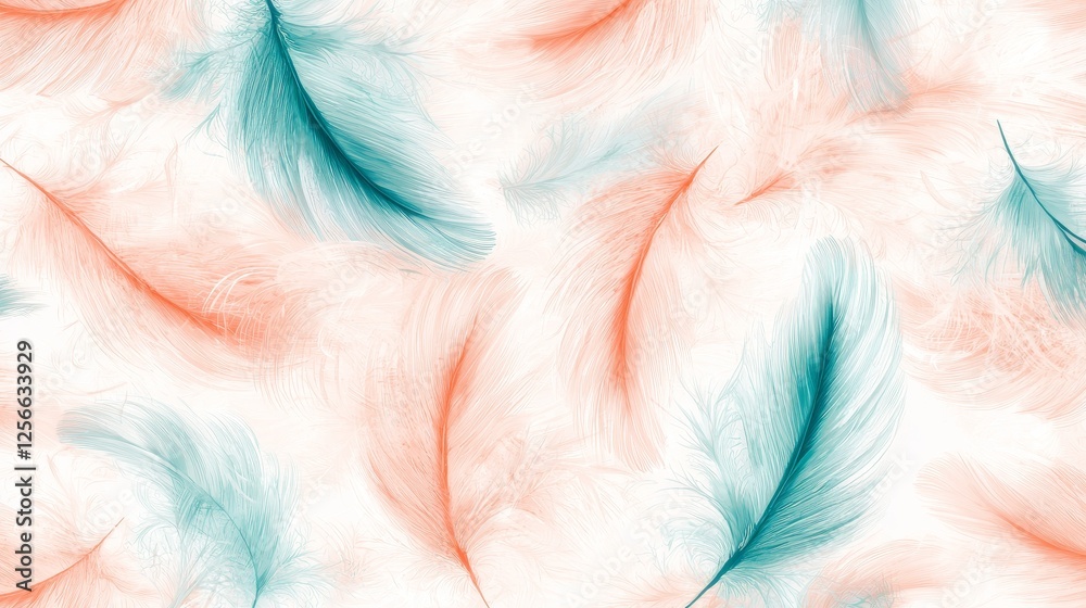Fototapeta premium Repeating feather pattern with vibrant tones of pink and teal, hand-drawn sketch style, textured beige background, minimalist aesthetic