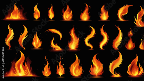 Fiery Forms: An array of dynamic flames dances against a dark backdrop, each rendered with striking detail to showcase the raw energy and captivating allure of fire.