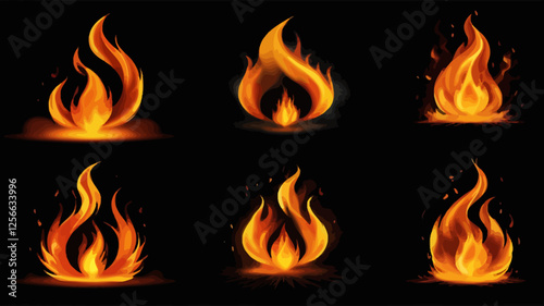 Burning Embers: A captivating visual narrative featuring six meticulously crafted depictions of flames, each radiating a vibrant warmth against a backdrop of profound darkness.