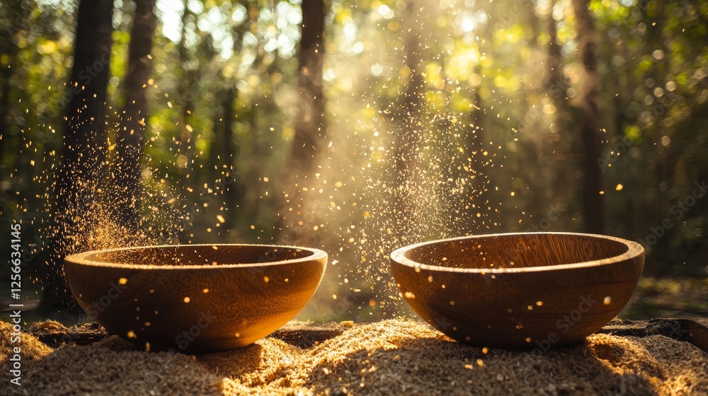 Rustic woodshop in a forest clearing, with handmade wooden bowls and sawdust particles floating in golden sunlight, capturing a peaceful, creative vibe Rustic woodshop in a forest clearing, with handmade wooden bowls and sawdust particles floating in golden sunlight, capturing a peaceful, creative vibe