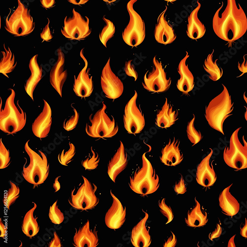 Fiery Flames: An artistic display of diverse flames dance against a deep black backdrop, highlighting the dynamic energy of fire. The flames, depicted with vibrant color and form, convey intensity.