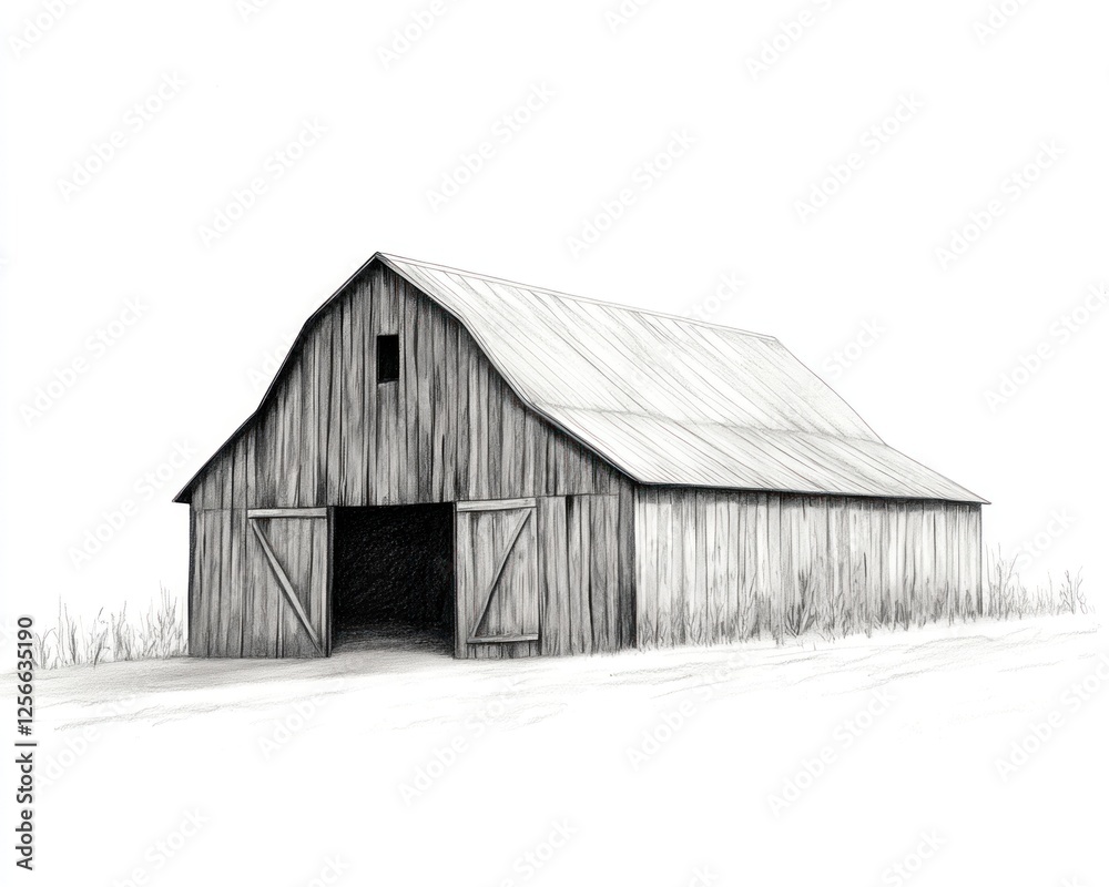 A Rustic Wooden Barn Stands Open Against a White Sky A Rustic Wooden Barn Stands Open Against a White Sky