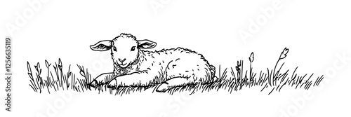 Easter lamb resting in grass black ink  doodle sketch engraving vector