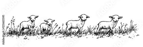 Easter lambs grazing on meadow black ink  doodle sketch engraving vector