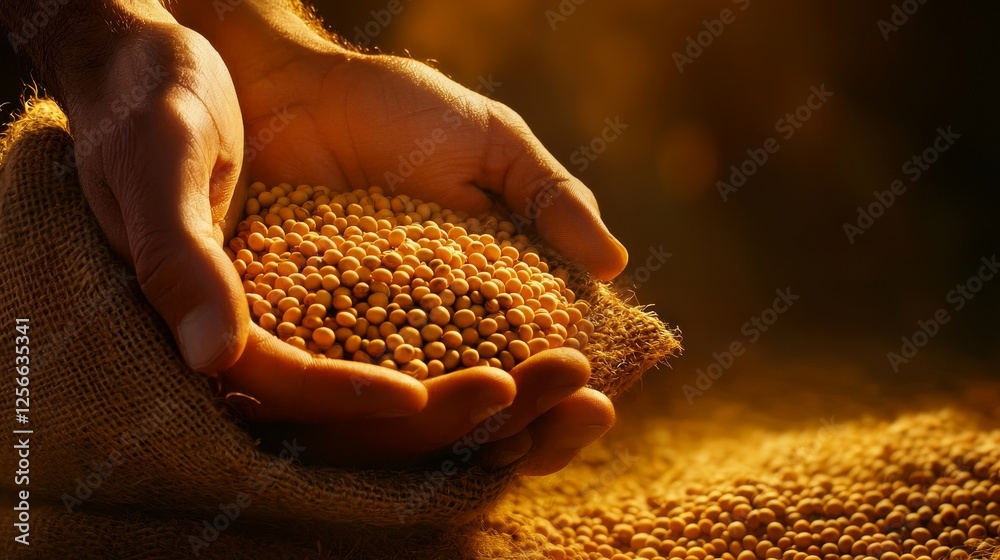 Rustic close-up of male hands filled with soybeans, burlap sack beneath, painted in impressionist style with warm, soft brushstrokes and a naturalistic color palette Rustic close-up of male hands filled with soybeans, burlap sack beneath, painted in impressionist style with warm, soft brushstrokes and a naturalistic color palette