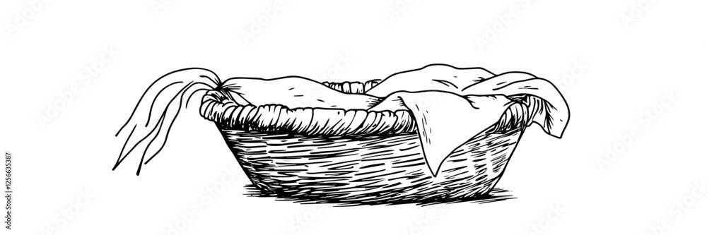 empty Easter basket with cloth monochrome doodle sketch engraving, laser cutting vector empty Easter basket with cloth monochrome doodle sketch engraving, laser cutting vector