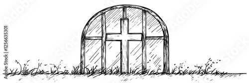 glass dome with christian cross monochrome doodle sketch engraving, laser cutting vector