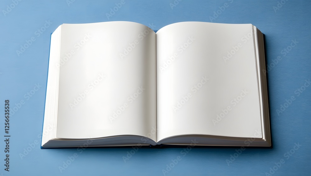 Open Book, Blank Pages, Ready for New Stories and Knowledge, Awaiting Inspiration and Ideas, A Clean Slate for Creativity on a Simple Light Blue Surface. Open Book, Blank Pages, Ready for New Stories and Knowledge, Awaiting Inspiration and Ideas, A Clean Slate for Creativity on a Simple Light Blue Surface.