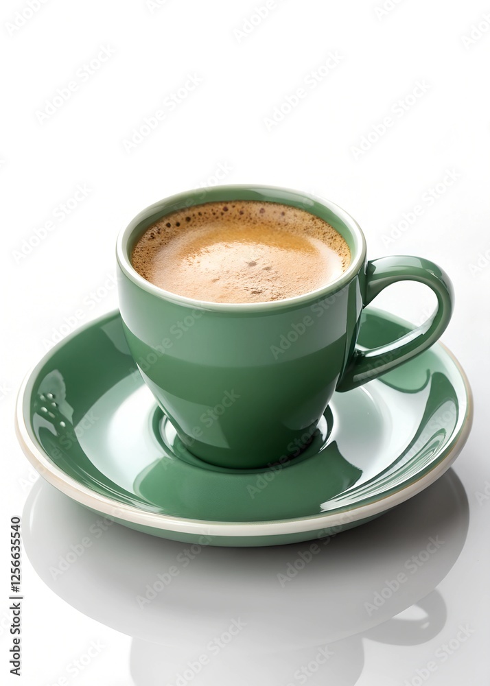 A Beautiful 4K Image of a Sleek Green Ceramic Coffee Cup with Light Foam, Elegantly Placed on a Matching Saucer Against a Pure White Background A Beautiful 4K Image of a Sleek Green Ceramic Coffee Cup with Light Foam, Elegantly Placed on a Matching Saucer Against a Pure White Background