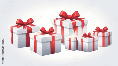 Gift Box Elegance: A collection of pristine gift boxes adorned with vibrant red ribbons sit elegantly, perfect for various festive celebrations.