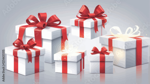 Gifted Moment: An array of elegantly wrapped gift boxes, tied with vibrant red ribbons, presents a spectrum of festive cheer and excitement. Evoking a sense of anticipation.