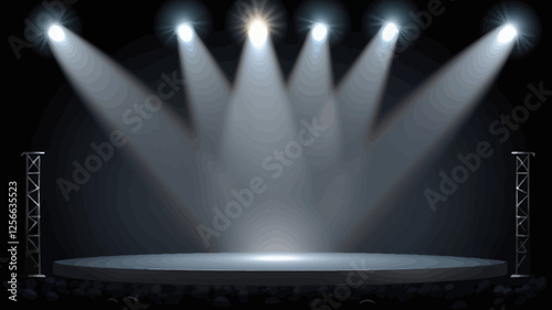 Spotlight Stage: A captivating stage, bathed in the radiant glow of multiple spotlights, illuminated against a dark backdrop, creating a sense of anticipation and highlighting the central focus.