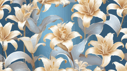 Golden Lily's Enchantment: A mesmerizing floral arrangement features an array of exquisite golden lilies, each petal artfully capturing the interplay of light and shadow on an elegant background.