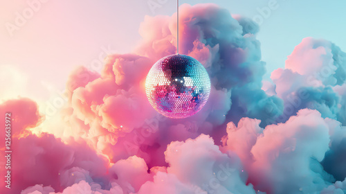 A disco ball hangs suspended in a dreamy, colorful sky filled with clouds.