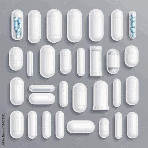 Pills in an Organized Display: A meticulously arranged display of various pharmaceutical capsules and pills, showcasing diversity in shape and form against a gray backdrop.