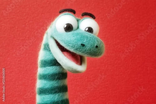 Naklejka Joyful teal felt dinosaur puppet against a vibrant red background, a cheerful and playful design.
