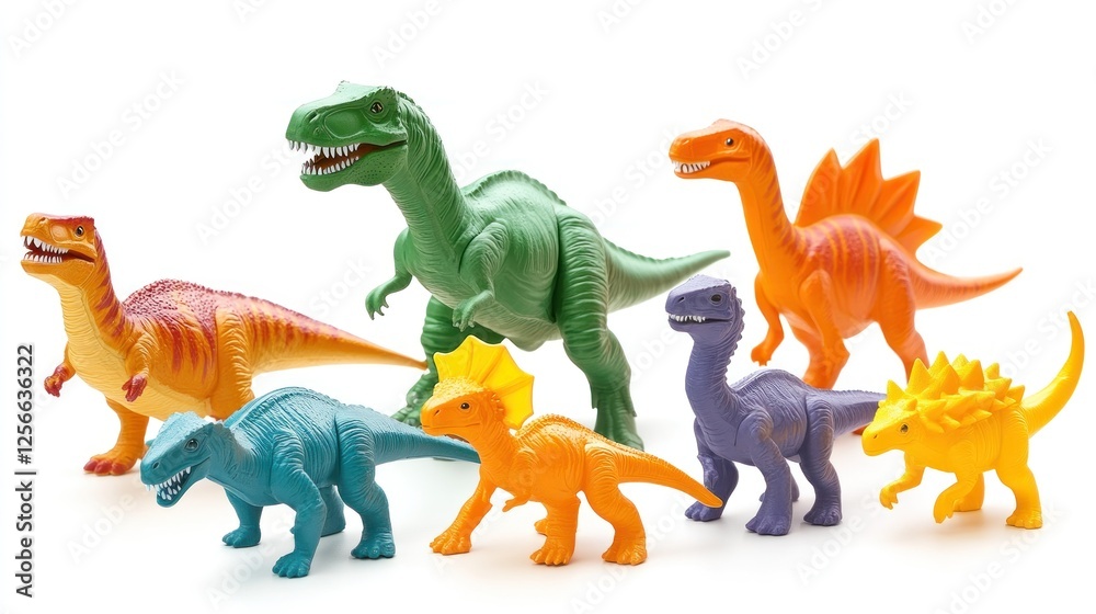 Fototapeta premium Colorful plastic dinosaur toys on white. Educational resource for kids