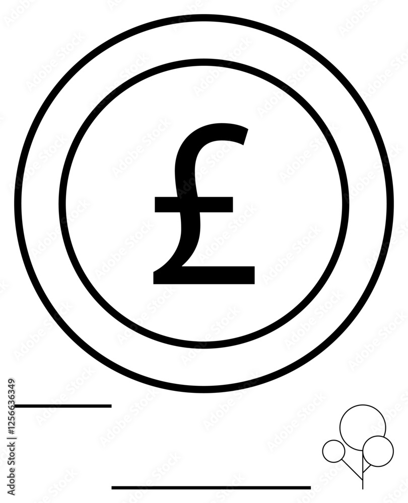 Pound currency symbol inside a circular coin outline, geometric lines, and abstract bubble shapes. Ideal for finance, banking, savings, economy, wealth, investment budgeting abstract line flat Pound currency symbol inside a circular coin outline, geometric lines, and abstract bubble shapes. Ideal for finance, banking, savings, economy, wealth, investment budgeting abstract line flat