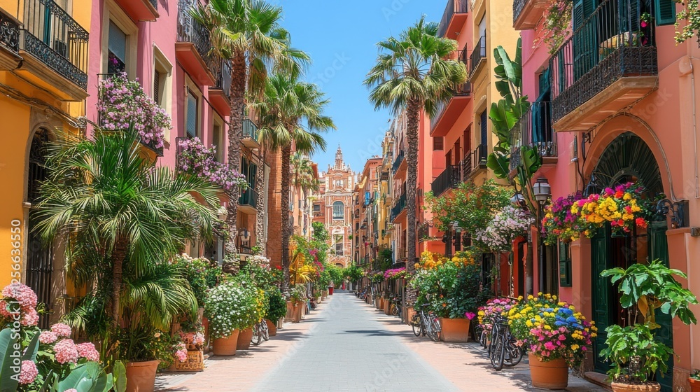 Fototapeta premium Sunlit Barcelona Sidewalk Showcasing Colorful Buildings and Vibrant Plants along a Picturesque Street in a Charming Neighborhood