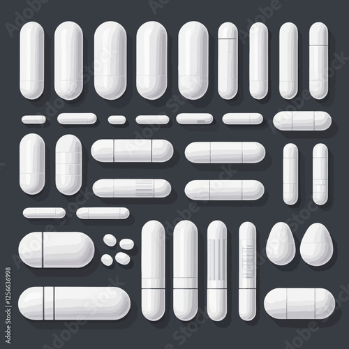 Pharmaceutical Array: An assortment of pristine, white capsules and pills arranged, representing medication, health, and pharmaceutical options in an aesthetically pleasing composition.