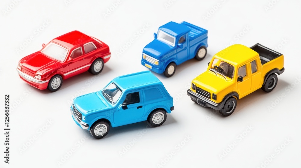 Colorful toy cars on white background; child's play Colorful toy cars on white background; child's play