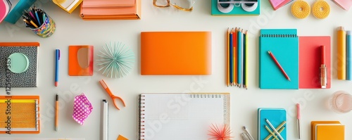 Colorful office supplies on organized desk with stationery and notebooks photo