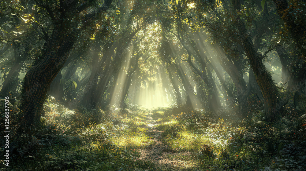 Obraz premium Sunlight filtering through lush forest canopy.