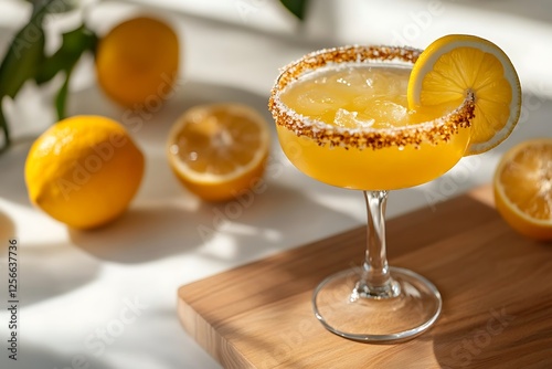 A refreshing yellow margarita cocktail garnished with lemon on a wooden board, bathed in sunlight.