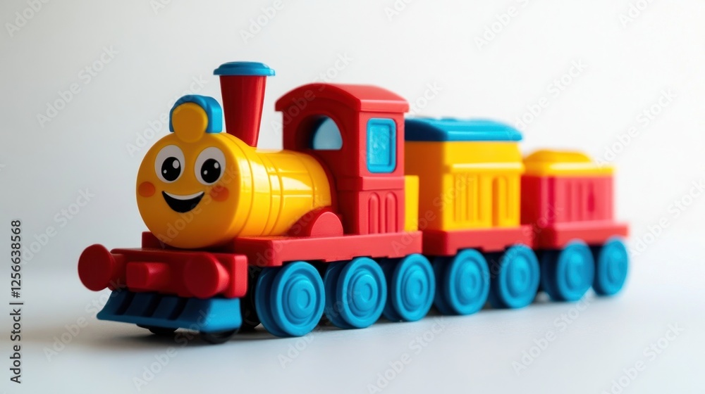 Fototapeta premium Colorful toy train on white background; playtime fun