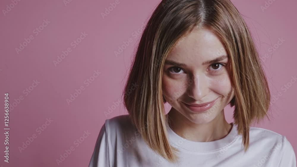 Studio portrait of a young woman with short hair wearing a white t-shirt, smiling subtly against a vibrant pink backdrop, conveying a sense of joy and confidence Studio portrait of a young woman with short hair wearing a white t-shirt, smiling subtly against a vibrant pink backdrop, conveying a sense of joy and confidence