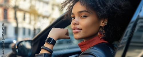 Confident african female young adult with curly hair relaxing in car on sunny day photo