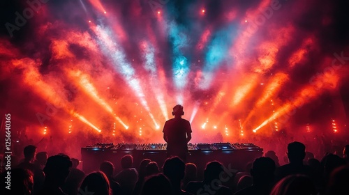 DJ performing energetically at a vibrant music festival with colorful lights and an enthusiastic crowd