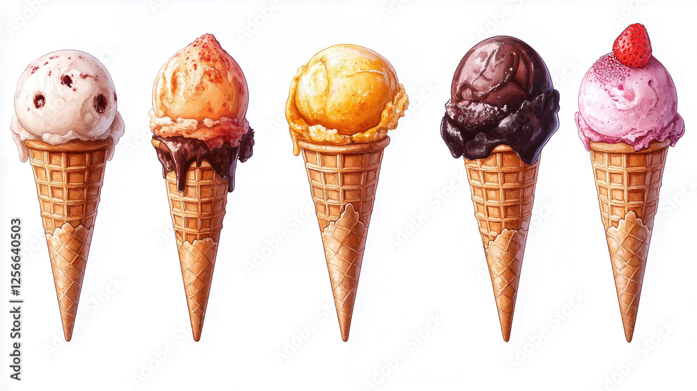 Five colorful ice cream scoops melting and dripping down waffle cones, offering a refreshing summer treat Five colorful ice cream scoops melting and dripping down waffle cones, offering a refreshing summer treat