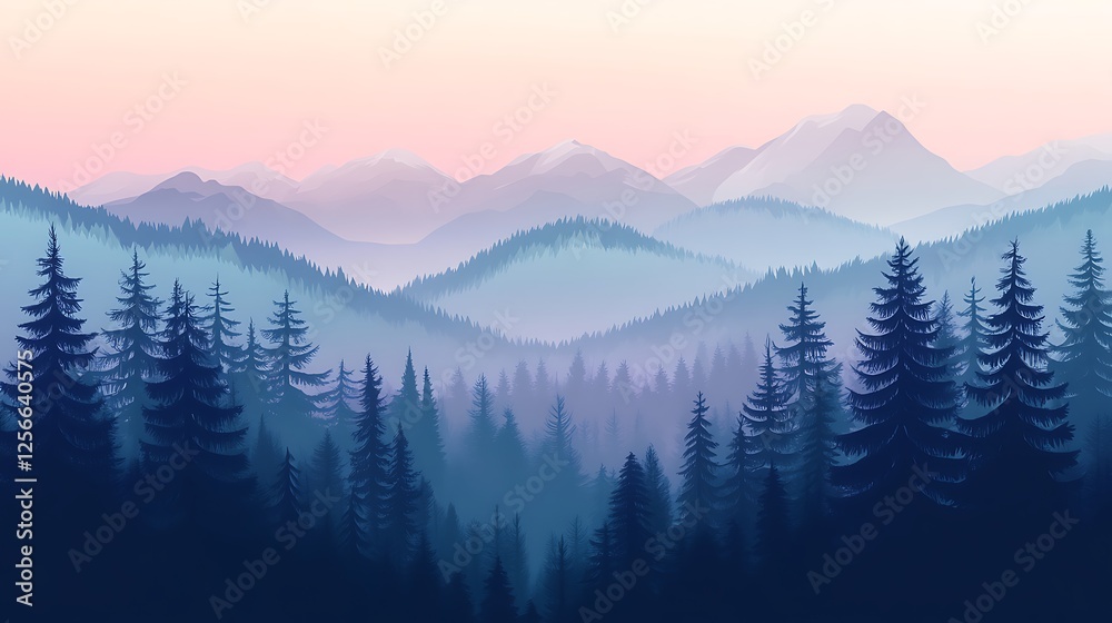 Obraz premium Serene Mountainscape with Misty Forest at Dawn