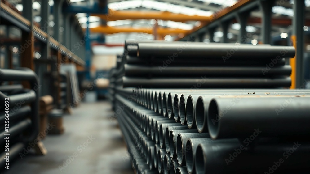 A stack of steel pipes in a warehouse or factory with a blurry background A stack of steel pipes in a warehouse or factory with a blurry background