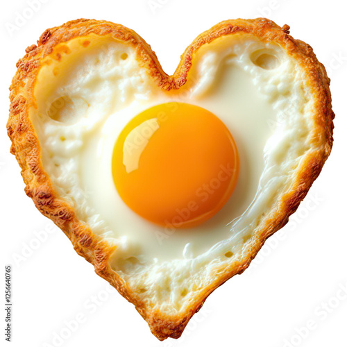Heart-shaped sunny-side up egg with golden-yellow yolk centered in pristine white egg whites.making it ideal for Valentine's Day themed content, breakfast menus,Generative Ai