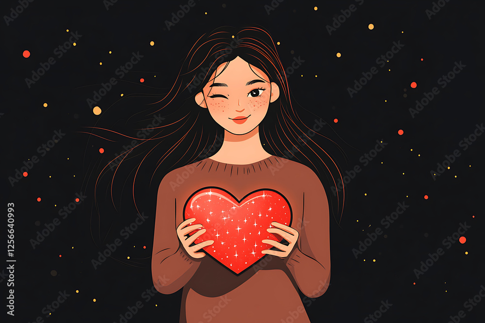 Young woman holding a sparkling red heart in a starry night background, expressing joy and love Young woman holding a sparkling red heart in a starry night background, expressing joy and love