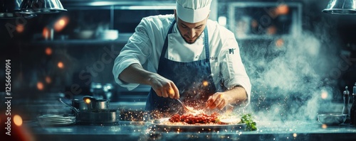Male chef creating culinary art with fire and ingredients in kitchen