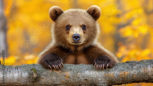 Adorable Bear Cub Resting on a Branch Surrounded by Autumn Leaves in Warm Golden Tones, Ideal for Nature and Wildlife Themes, Plenty of Space for Text and Graphics