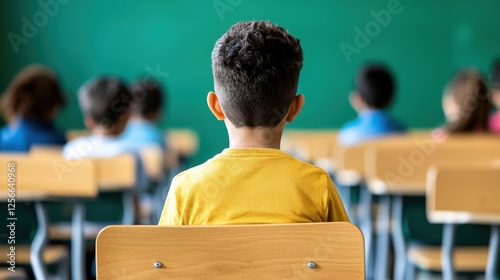 A young child in a yellow shirt sits at a desk, facing a green chalkboard, with other students in the background.